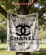 Chanel Black & White Newspaper Collage CC Logo Flannel Sofa Throw Blanket IMG_7018